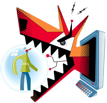 Un perro rabioso sale de la pantalla de un monitor amenazando a una persona. Ilustración de campbelllaird.com